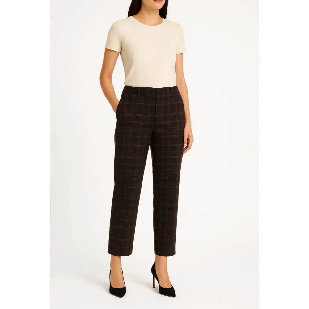 Vince Pants Sz L Quiet Luxury Plaid Viscose Brown Relaxed Trousers Pockets Comfy - Picture 1 of 16